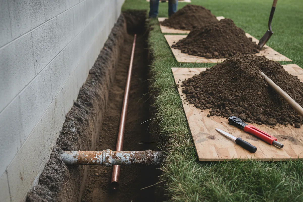 Excavated water line trench during Water Heater Repair in Southbridge